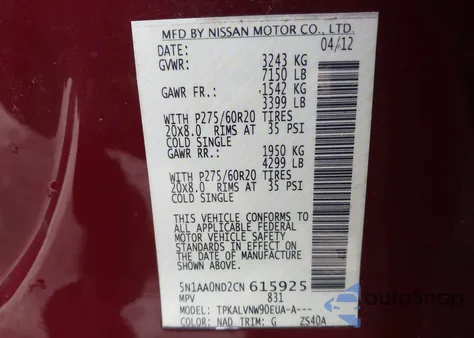 2012 Nissan Armada Sl z USA, uszkodzony, nr VIN 5N1AA0ND2CN615925